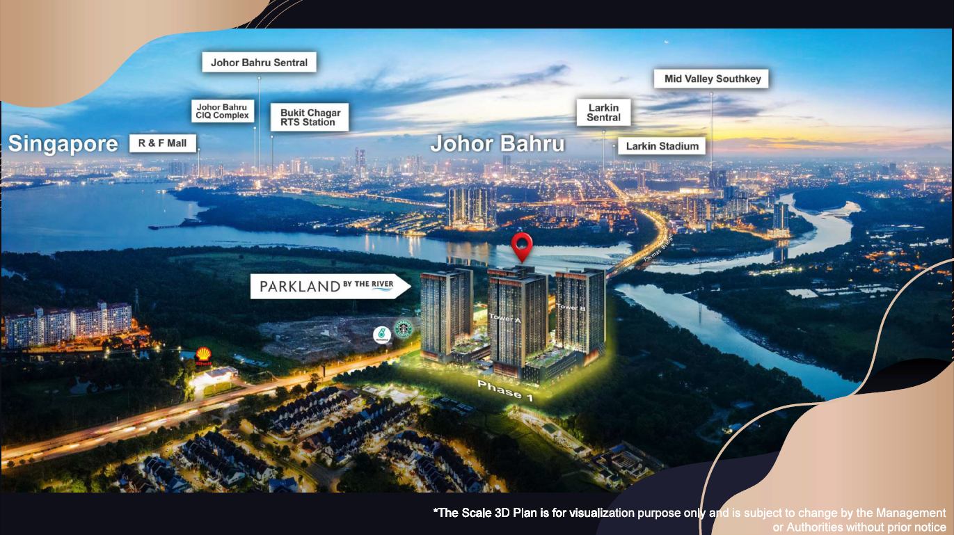 Aerial view of Parkland By The River — riverfront site with Johor Bahru skyline and Singapore in the distance