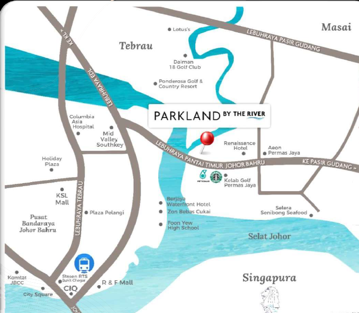 Strategic location map of Parkland By The River showing nearby landmarks across Tebrau and Johor Bahru