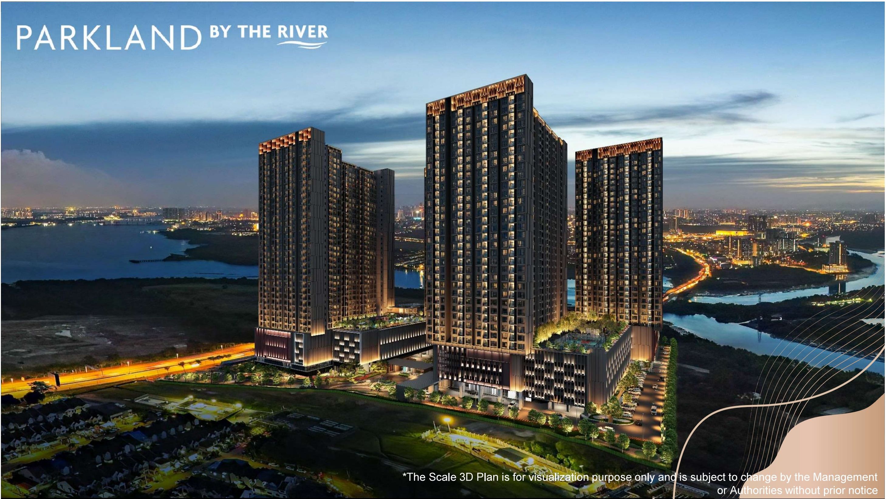 Parkland By The River — four modern riverside towers in Johor Bahru at twilight